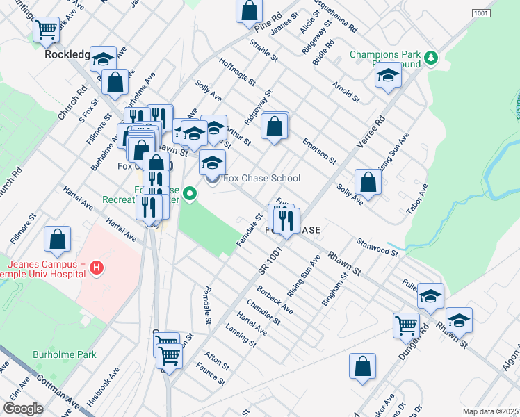 map of restaurants, bars, coffee shops, grocery stores, and more near 7966 Ferndale Street in Philadelphia