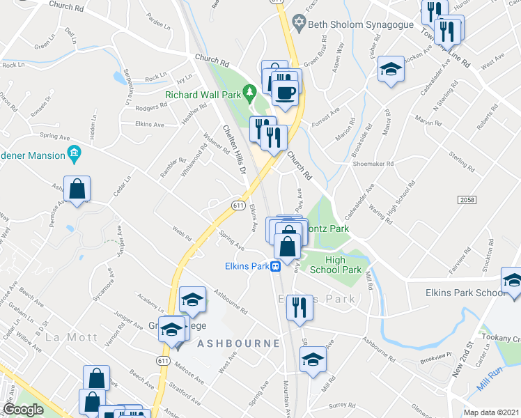 map of restaurants, bars, coffee shops, grocery stores, and more near 541 Elkins Ave in Elkins Park