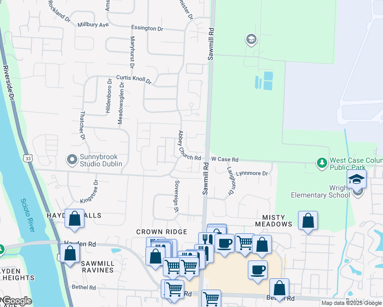 map of restaurants, bars, coffee shops, grocery stores, and more near 5830 Pebble Run Lane in Dublin