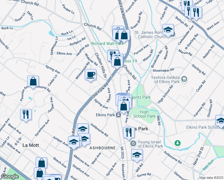 map of restaurants, bars, coffee shops, grocery stores, and more near 541 Elkins Ave in Elkins Park