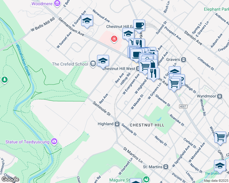 map of restaurants, bars, coffee shops, grocery stores, and more near 208 Rex Avenue in Philadelphia