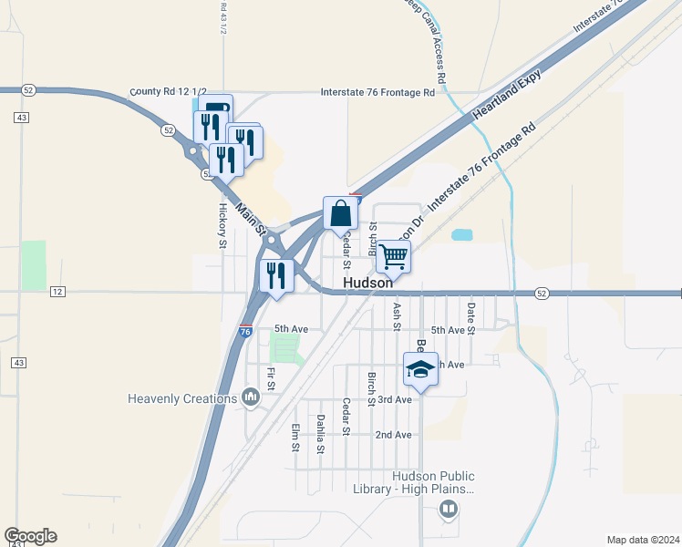 map of restaurants, bars, coffee shops, grocery stores, and more near 635 Cedar Street in Hudson