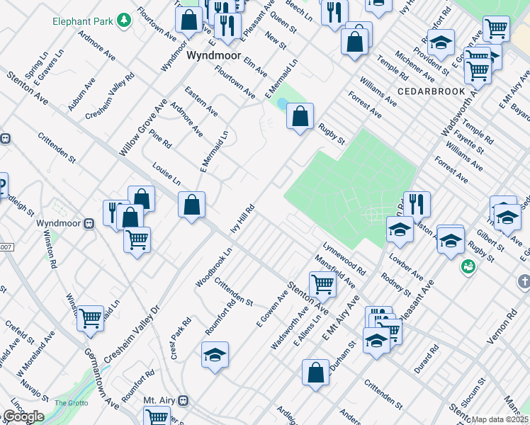 map of restaurants, bars, coffee shops, grocery stores, and more near 8625 Mansfield Avenue in Philadelphia