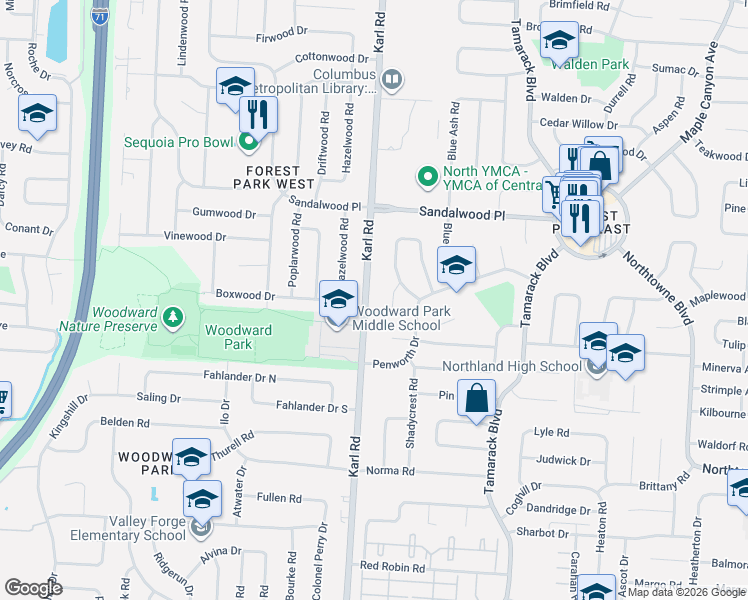 map of restaurants, bars, coffee shops, grocery stores, and more near 5223 Arrowood Court in Columbus