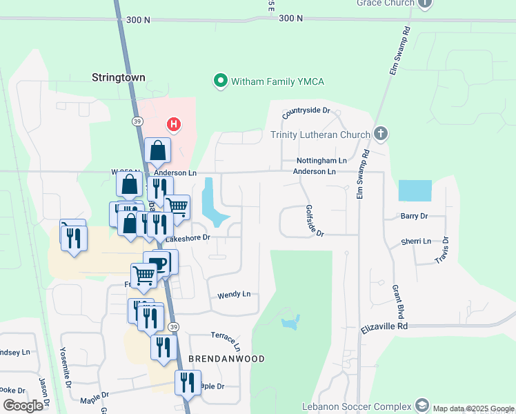 map of restaurants, bars, coffee shops, grocery stores, and more near 2436 Shorewood Dr in Lebanon