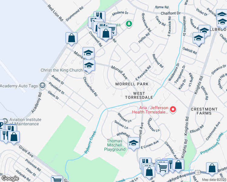 map of restaurants, bars, coffee shops, grocery stores, and more near 3316 South Keswick Terrace in Philadelphia