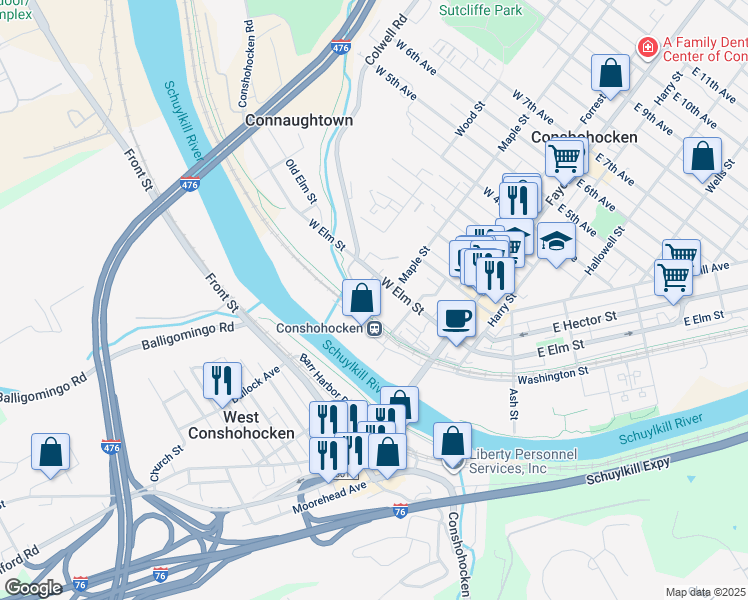 map of restaurants, bars, coffee shops, grocery stores, and more near 300 West Elm Street in Conshohocken