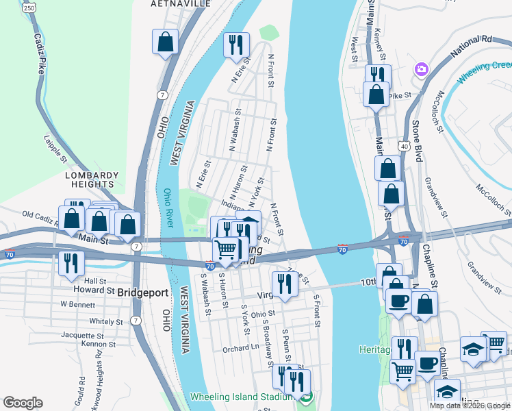 map of restaurants, bars, coffee shops, grocery stores, and more near 206 North York Street in Wheeling