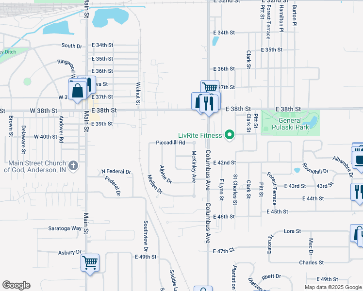 map of restaurants, bars, coffee shops, grocery stores, and more near 801 Piccadilli Rd in Anderson