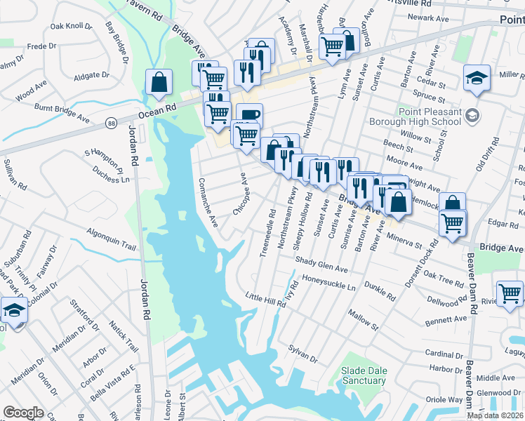 map of restaurants, bars, coffee shops, grocery stores, and more near 1404 Mossbank Road in Point Pleasant