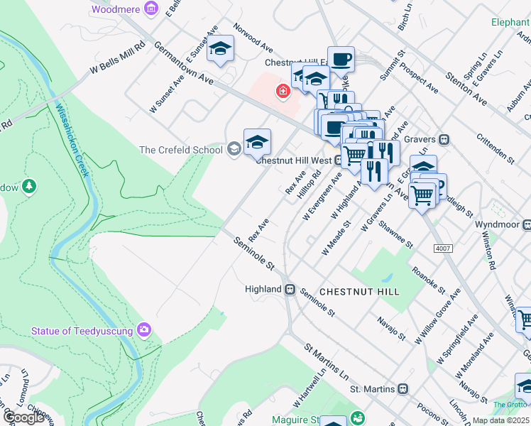 map of restaurants, bars, coffee shops, grocery stores, and more near 229 Rex Ave in Philadelphia