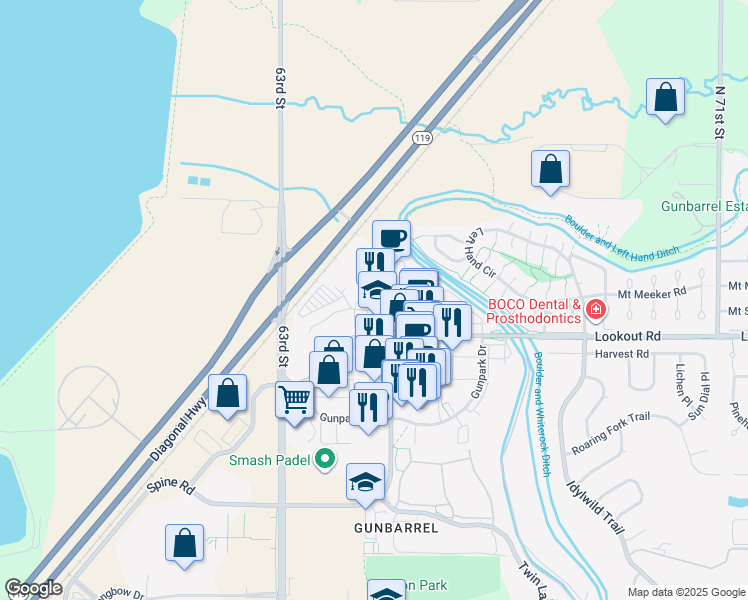 map of restaurants, bars, coffee shops, grocery stores, and more near 5455 Spine Road in Boulder