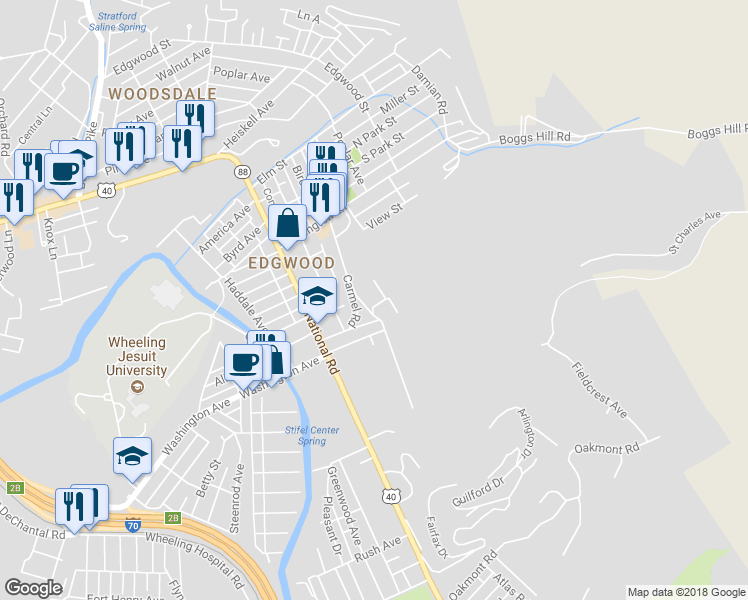 map of restaurants, bars, coffee shops, grocery stores, and more near 108 Carmel Road in Wheeling