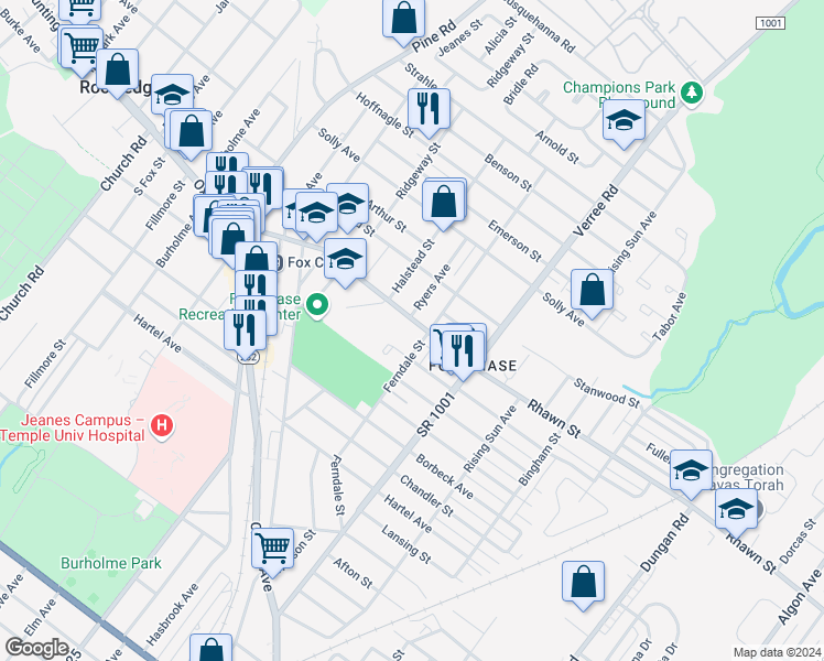 map of restaurants, bars, coffee shops, grocery stores, and more near 720 Rhawn Street in Philadelphia