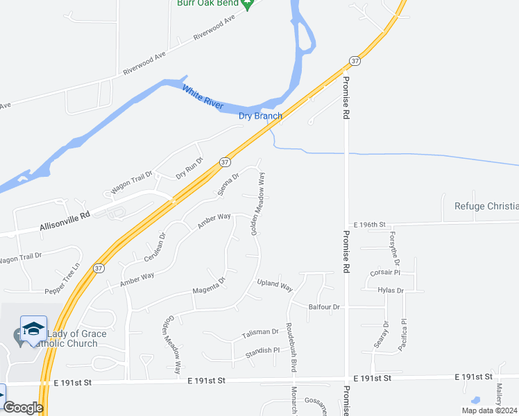 map of restaurants, bars, coffee shops, grocery stores, and more near 19399 Golden Meadow Way in Noblesville