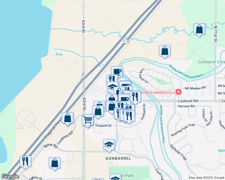 map of restaurants, bars, coffee shops, grocery stores, and more near 5455 Spine Road in Boulder