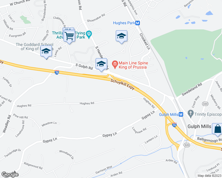 map of restaurants, bars, coffee shops, grocery stores, and more near 168 Hughes Road in King of Prussia