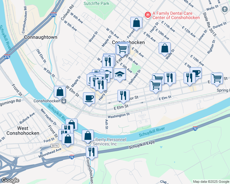 map of restaurants, bars, coffee shops, grocery stores, and more near 228 Spring Mill Avenue in Conshohocken