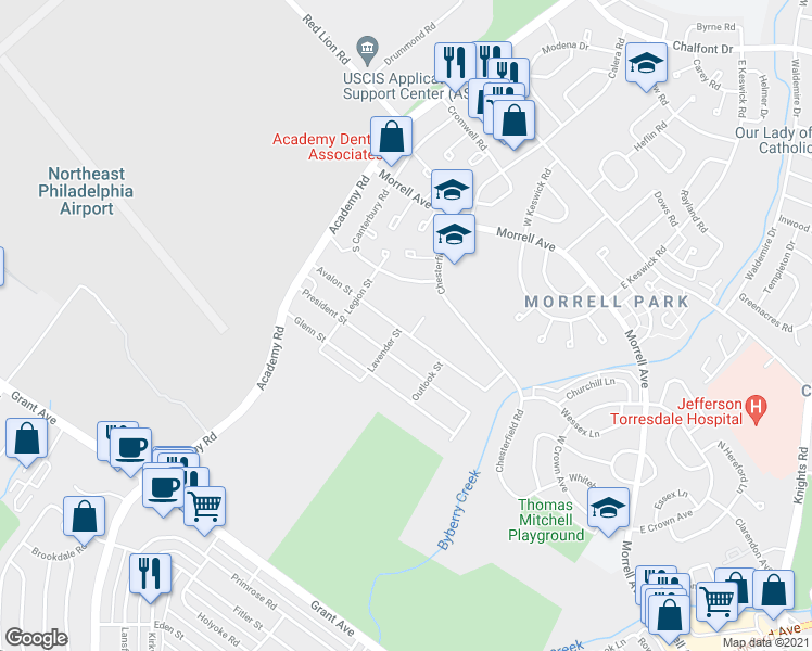 map of restaurants, bars, coffee shops, grocery stores, and more near 3703 Avalon Street in Philadelphia