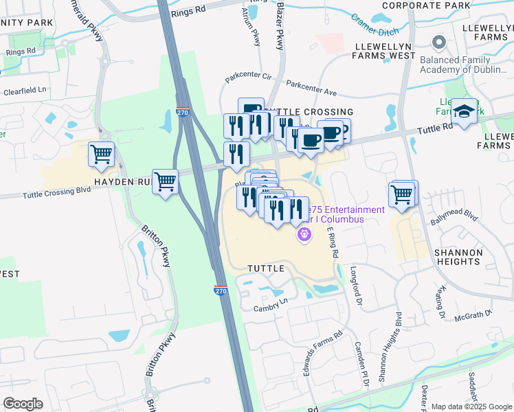 map of restaurants, bars, coffee shops, grocery stores, and more near 5083 Tuttle Crossing Boulevard in Dublin