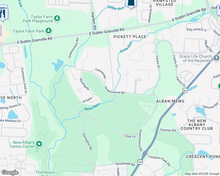 map of restaurants, bars, coffee shops, grocery stores, and more near 7000 Greensward Rd in New Albany