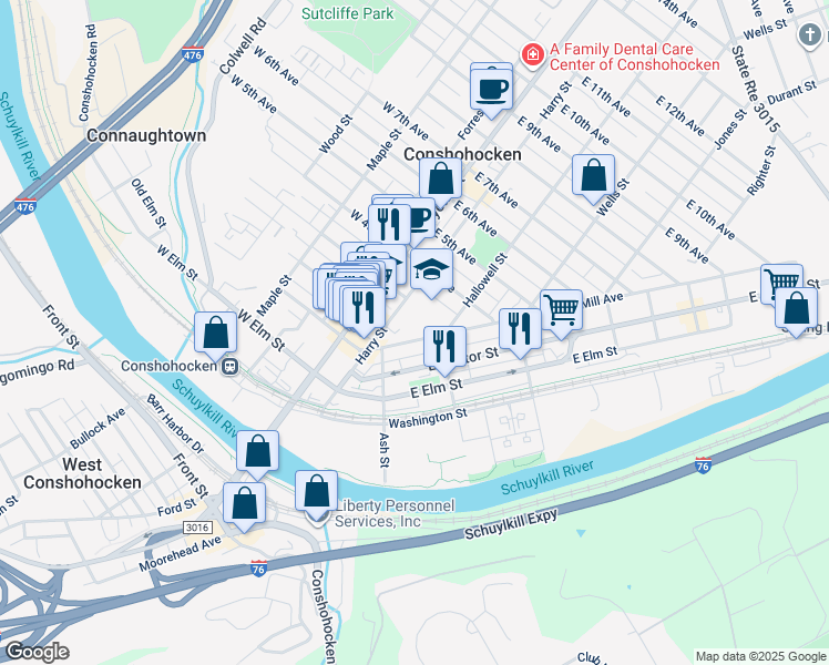 map of restaurants, bars, coffee shops, grocery stores, and more near 228 Spring Mill Avenue in Conshohocken