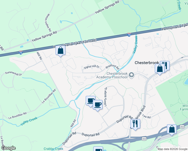 map of restaurants, bars, coffee shops, grocery stores, and more near 61 Woodstream Dr in Chesterbrook