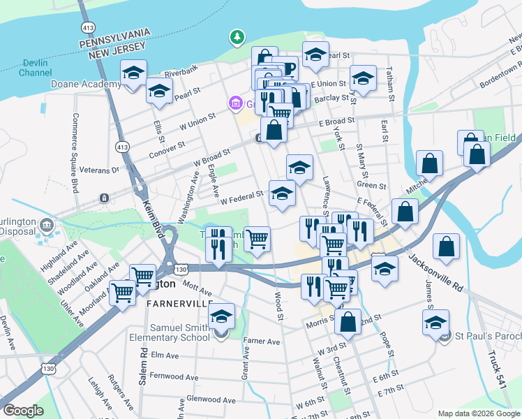 map of restaurants, bars, coffee shops, grocery stores, and more near 522 Wood Street in Burlington