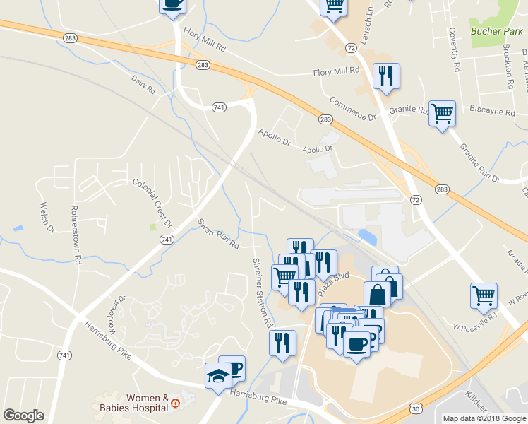 map of restaurants, bars, coffee shops, grocery stores, and more near 1301 Blue Jay Drive in Lancaster