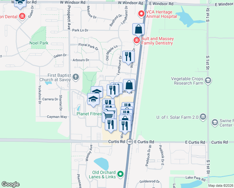 map of restaurants, bars, coffee shops, grocery stores, and more near 201 Burwash Avenue in Savoy