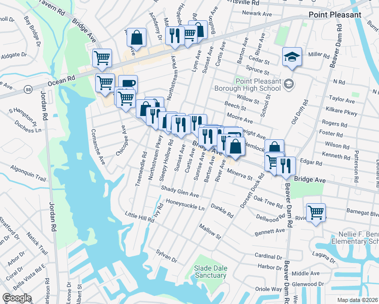 map of restaurants, bars, coffee shops, grocery stores, and more near 1307 Curtis Avenue in Point Pleasant Beach