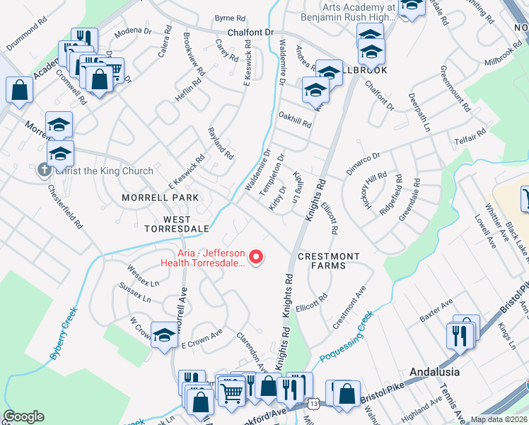 map of restaurants, bars, coffee shops, grocery stores, and more near 3817 Red Lion Road in Philadelphia