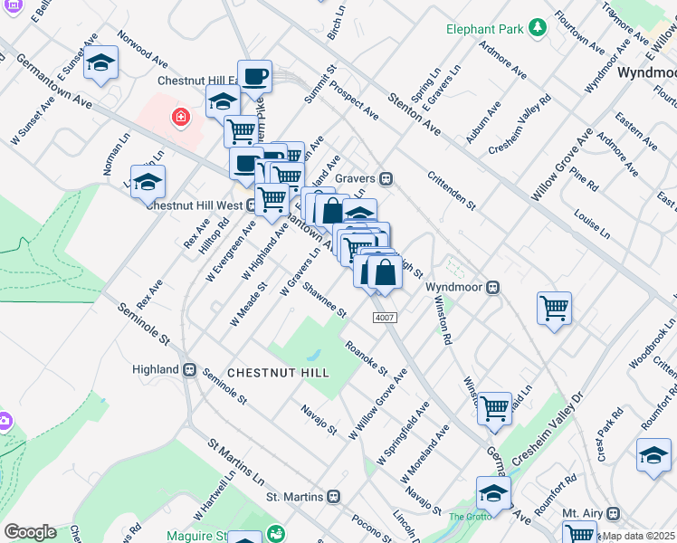 map of restaurants, bars, coffee shops, grocery stores, and more near 19 West Southampton Avenue in Philadelphia