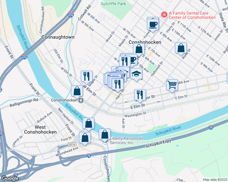 map of restaurants, bars, coffee shops, grocery stores, and more near 101 Fayette Street in Conshohocken