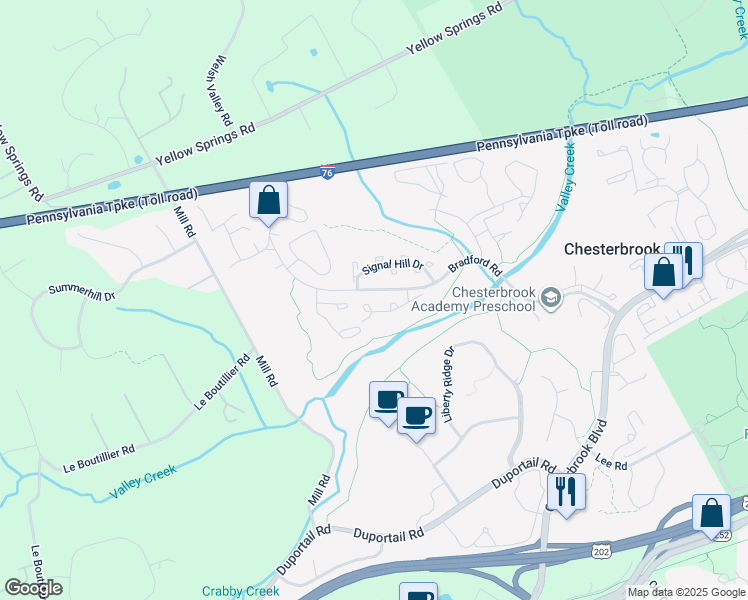 map of restaurants, bars, coffee shops, grocery stores, and more near 44 Woodstream Drive in Chesterbrook