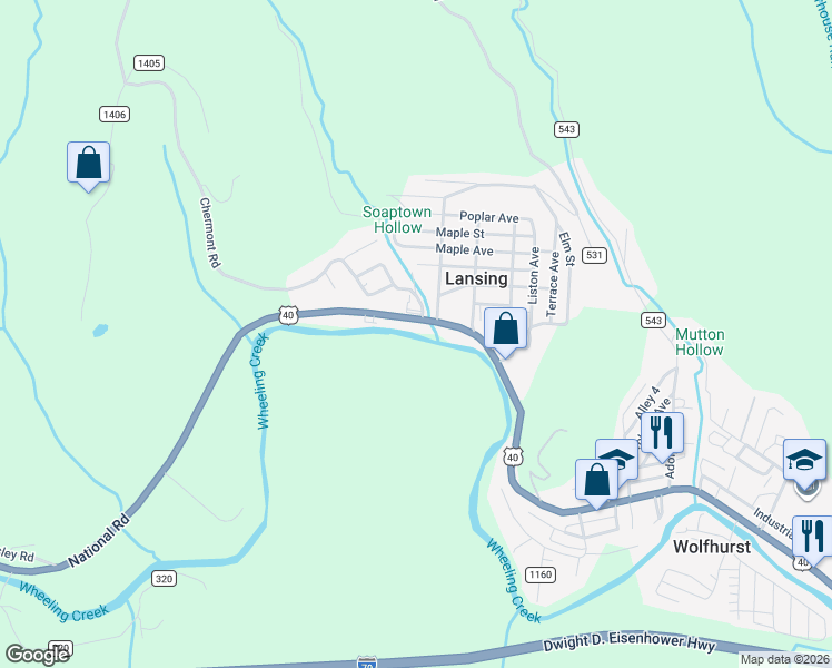 map of restaurants, bars, coffee shops, grocery stores, and more near 55000 National Road in Bridgeport