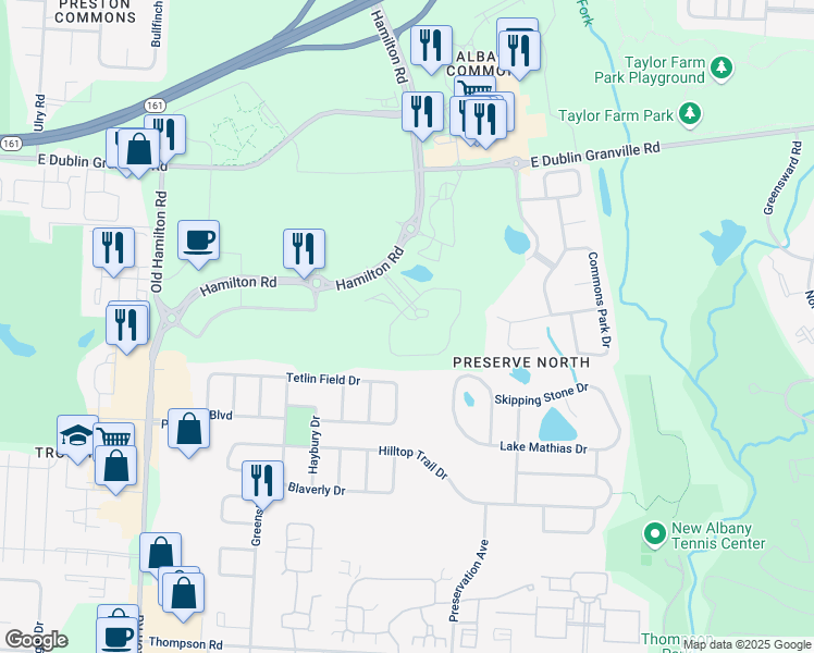 map of restaurants, bars, coffee shops, grocery stores, and more near 6194 Tetlin Field Drive in New Albany