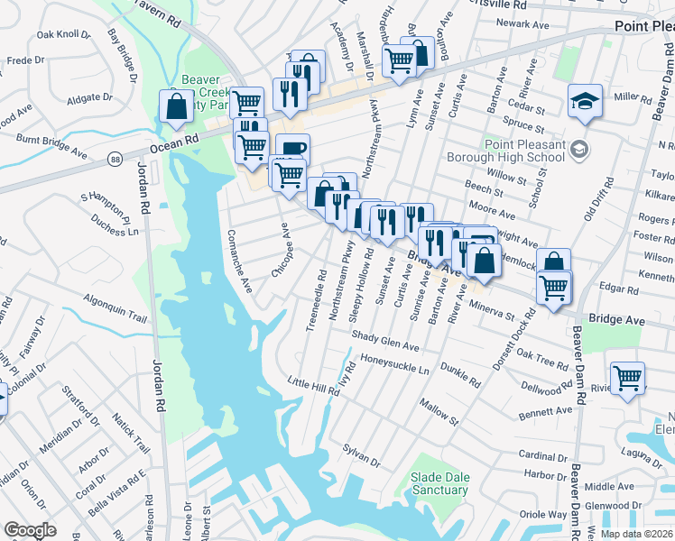 map of restaurants, bars, coffee shops, grocery stores, and more near 1401 Northstream Parkway in Point Pleasant