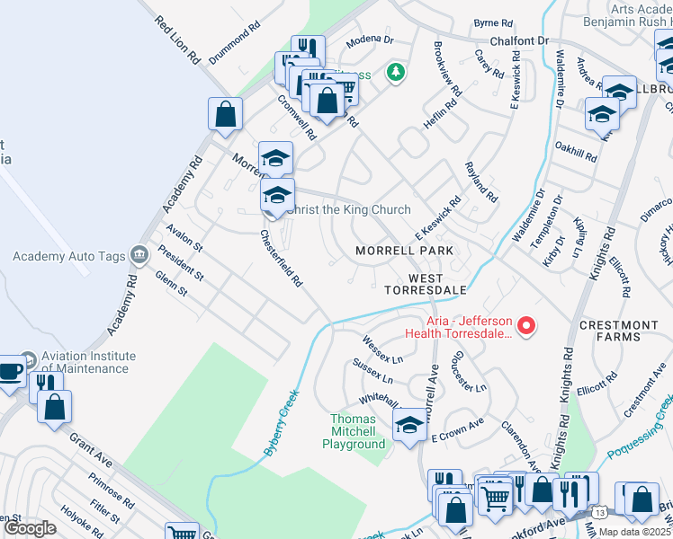 map of restaurants, bars, coffee shops, grocery stores, and more near 3303 South Keswick Plaza in Philadelphia
