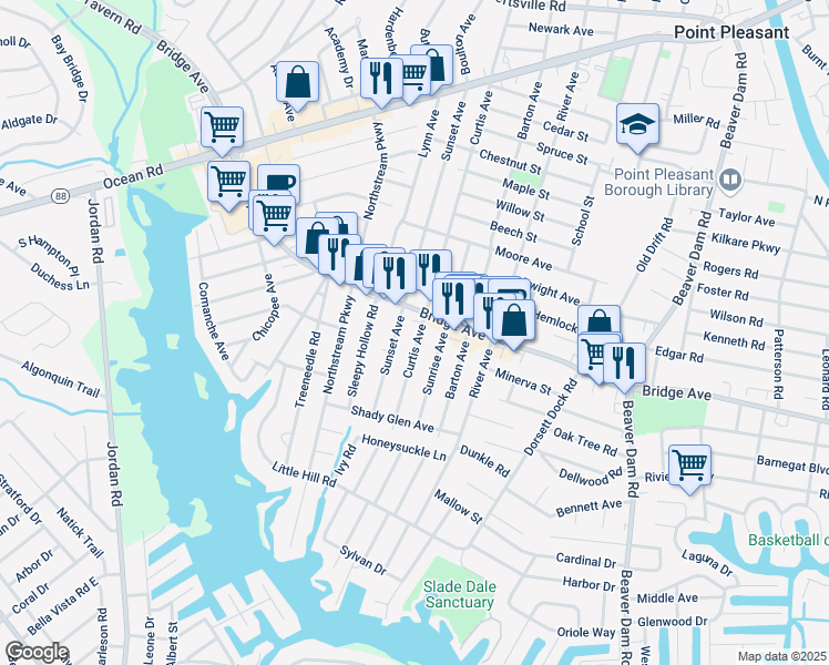 map of restaurants, bars, coffee shops, grocery stores, and more near 1307 Curtis Avenue in Point Pleasant Beach