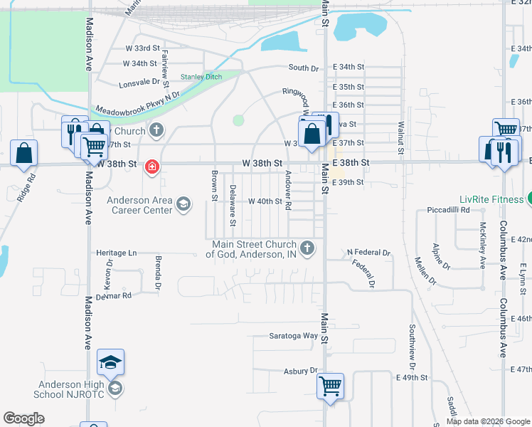 map of restaurants, bars, coffee shops, grocery stores, and more near 4013 Fernway Drive in Anderson