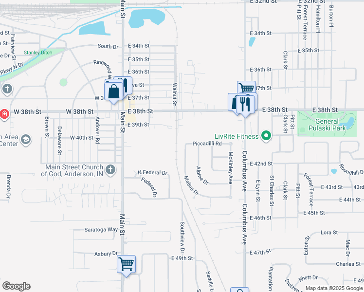 map of restaurants, bars, coffee shops, grocery stores, and more near 4013 Mellen Drive in Anderson