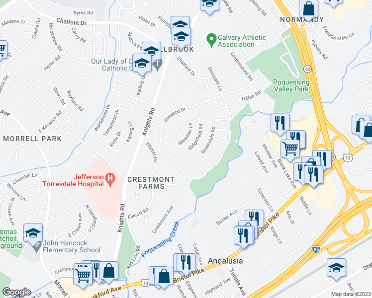 map of restaurants, bars, coffee shops, grocery stores, and more near 112 Ridgefield Road in Philadelphia