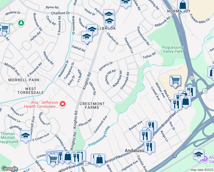 map of restaurants, bars, coffee shops, grocery stores, and more near 110 Hickory Hill Road in Philadelphia