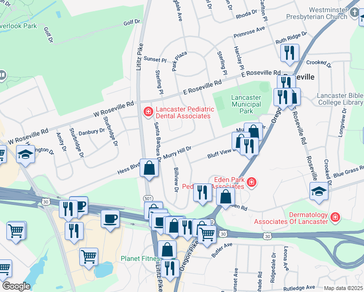 map of restaurants, bars, coffee shops, grocery stores, and more near 149 Murry Hill Dr in Lancaster