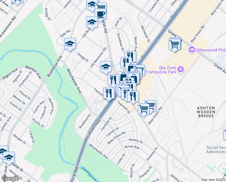 map of restaurants, bars, coffee shops, grocery stores, and more near 9010 Roosevelt Boulevard in Philadelphia