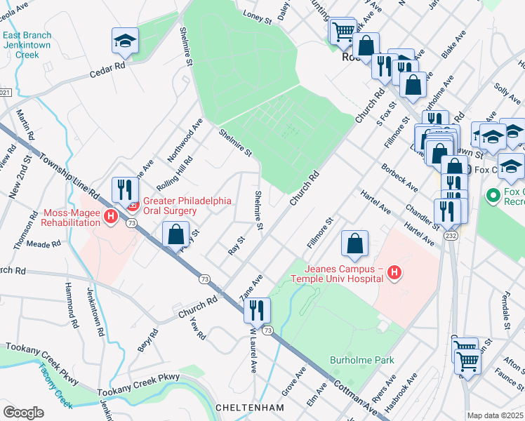 map of restaurants, bars, coffee shops, grocery stores, and more near 235 Shelmire Street in Jenkintown