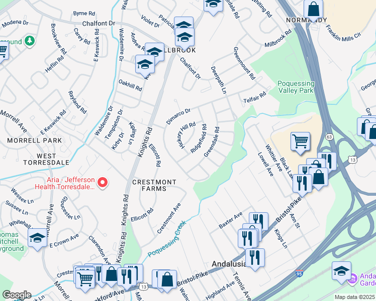 map of restaurants, bars, coffee shops, grocery stores, and more near 110 Ridgefield Road in Philadelphia