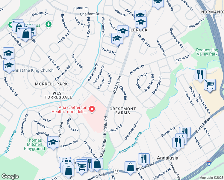 map of restaurants, bars, coffee shops, grocery stores, and more near 10900 Knights Road in Philadelphia