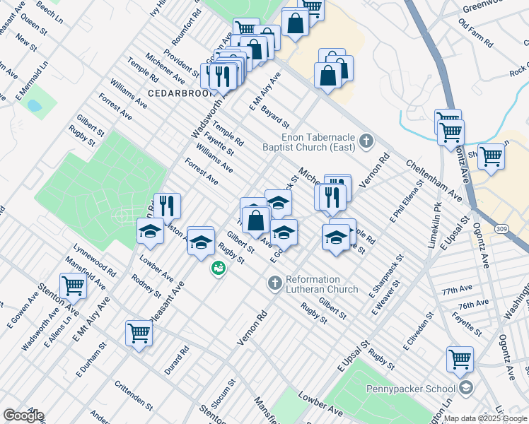 map of restaurants, bars, coffee shops, grocery stores, and more near 1327 East Sedgwick Street in Philadelphia
